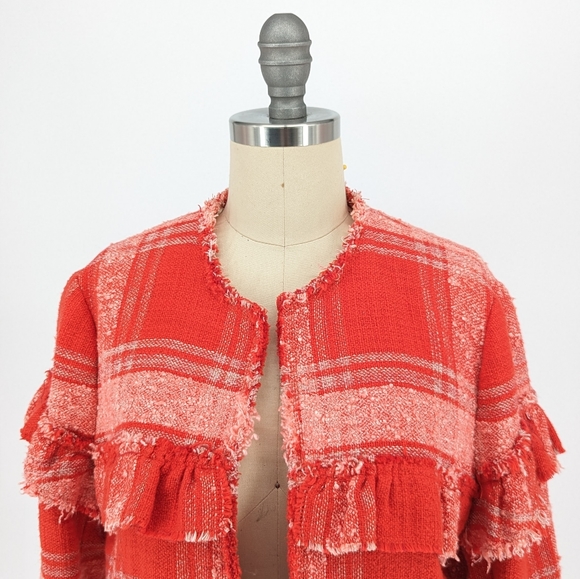 Zara Tweed Plaid Jacket Red S ruffle fringe cotton bohemian hippie retro casual - Picture 3 of 7